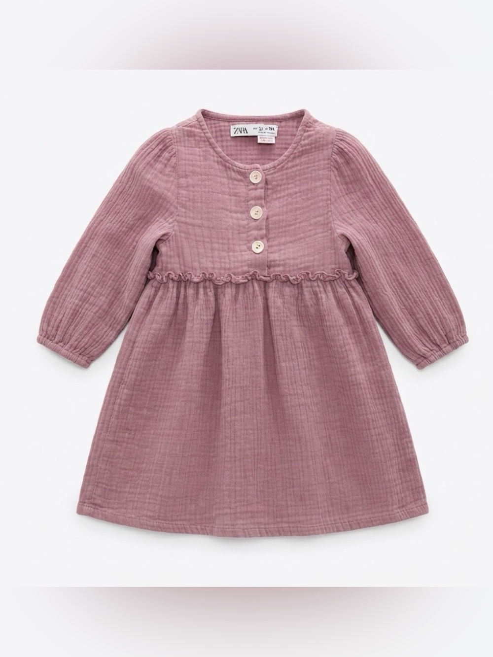 Zara Girls' Mauve Gauze Long-Sleeve Dress.  Size 3-4T.